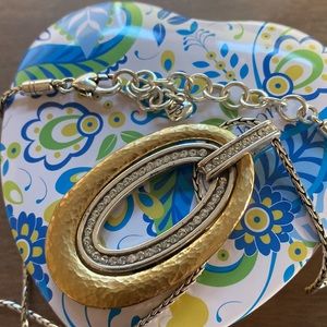 Brighton Two Tone Crystal Drop Necklace. Double oval gold and silver tone